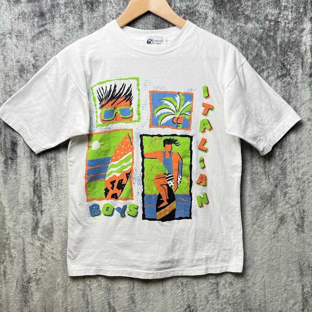 Vintage 80s 90s Italian Boys Surf Shirt Single Stitch White Neon Graphic Size S - Picture 1 of 6